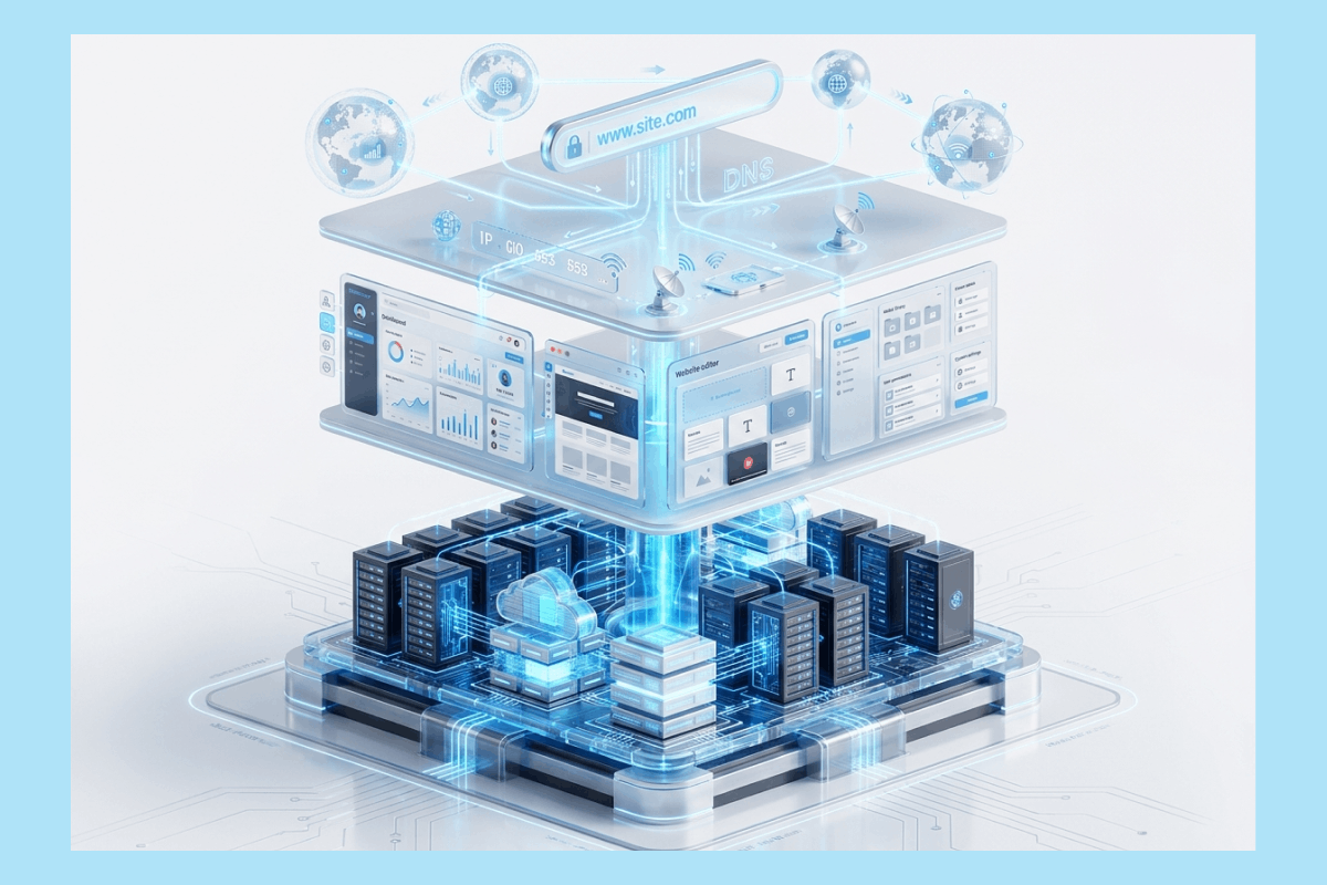 The fundamental structure of a website can be compared to a physical building: Hosting serves as the land, the Domain acts as the address, and the CMS functions as the building's framework, simplifying content management without the need for complex coding.