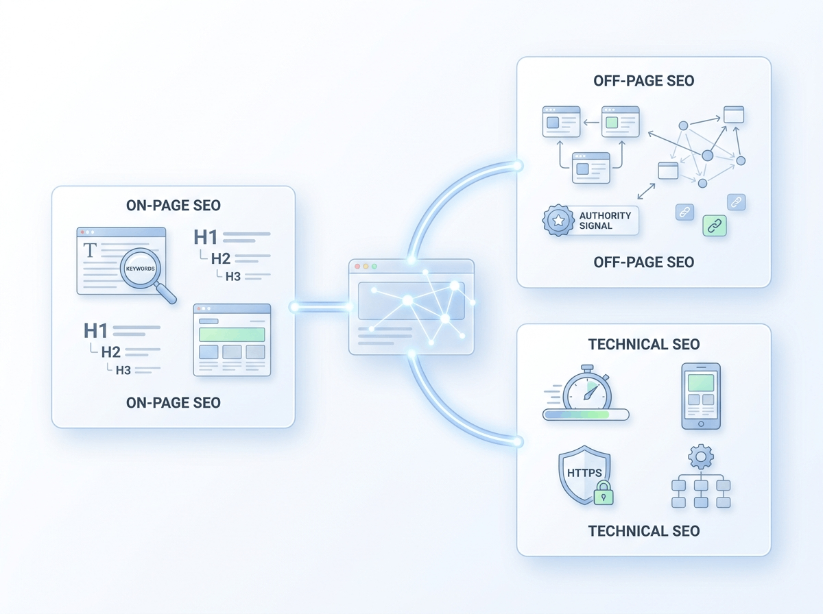 SEO consists of three core areas that work together to improve website visibility and search performance. A balanced combination of On-Page SEO, Off-Page SEO, and Technical SEO helps search engines better understand, trust, and rank your website in relevant search results.