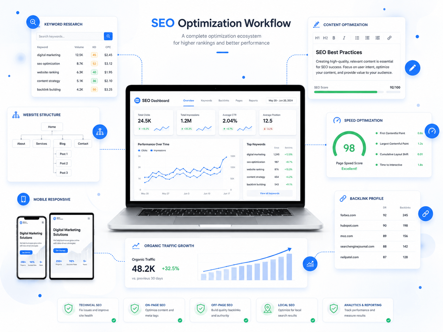 Effective SEO starts with strong fundamentals. From keyword research and content creation to technical optimization and backlink building, every element works together to improve long-term website visibility and sustainable digital growth.