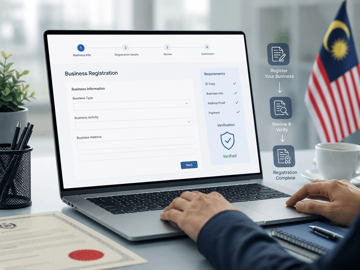 A modern digital business registration interface in Malaysia, illustrating the legal setup process for online businesses through secure verification systems, structured documentation workflows, and professional online incorporation platforms.