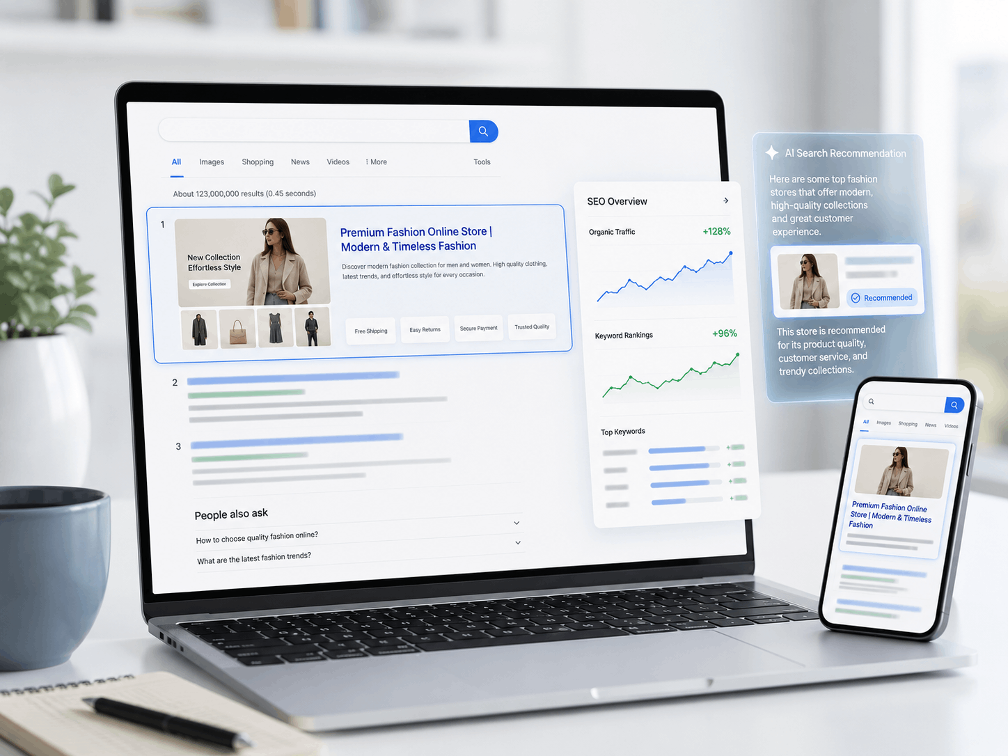 A modern SEO and AI search visibility ecosystem that helps e-commerce businesses appear prominently on search engines and AI-powered recommendation platforms through advanced optimization strategies.