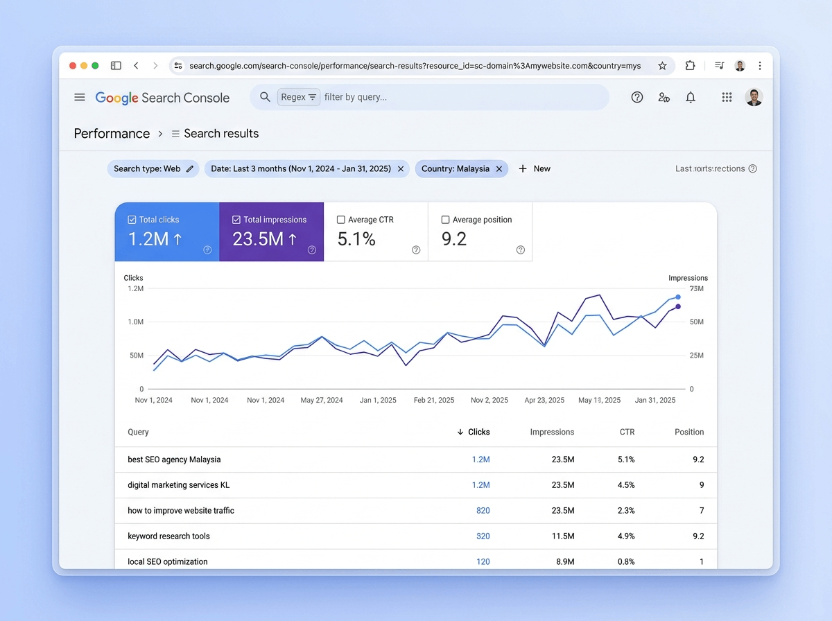 An overview of the Google Search Console Performance dashboard, illustrating a positive organic growth trajectory through key search metrics like total clicks and impressions.