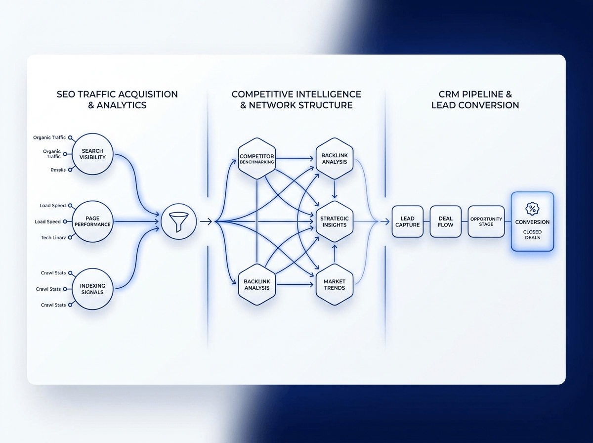 A structured digital business ecosystem illustrating the full growth funnel—from SEO traffic acquisition and search visibility analysis, to competitive intelligence and backlink network insights, and finally CRM-driven lead conversion. The visualization represents how modern businesses connect data systems across marketing, analytics, and sales into one unified intelligence flow.