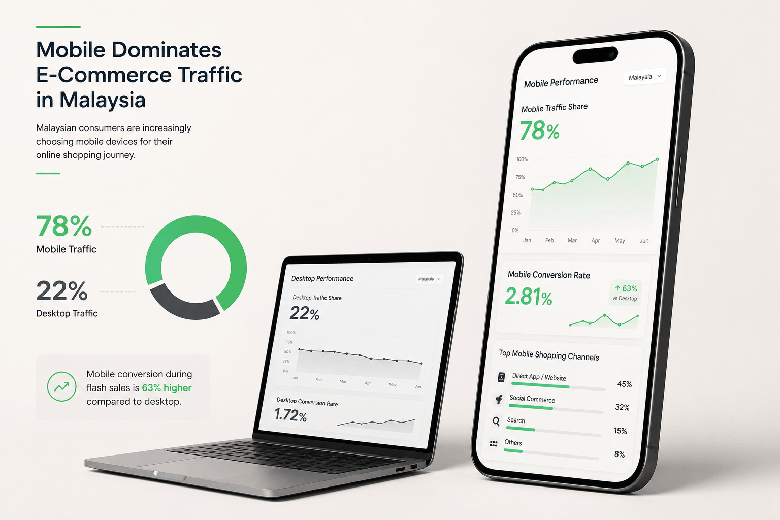 A digital performance infographic demonstrating the absolute dominance of mobile traffic at 78% compared to desktop traffic at 22% within the Malaysian e-commerce market. The data indicates a mobile conversion rate of 2.81% (outperforming desktop by 63%, particularly during flash sales), with top mobile shopping channels led by direct apps/websites (45%) and social commerce (32%).