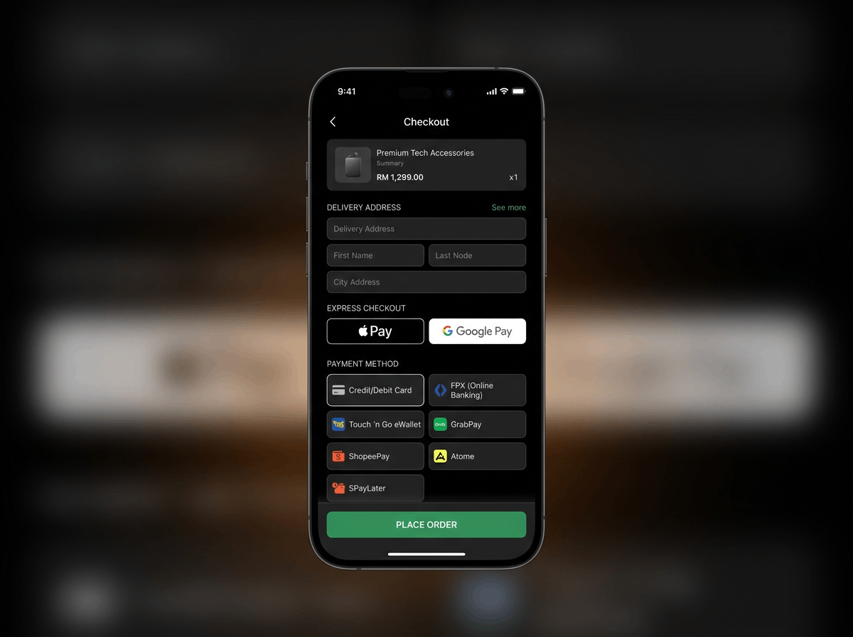 An enterprise-grade example of a mobile One-Page Checkout architecture engineered for maximum conversion efficiency. This streamlined interface eliminates form-filling friction for consumers and natively integrates the local Malaysian payment ecosystem, featuring FPX, Touch 'n Go eWallet, GrabPay, ShopeePay, and Buy Now Pay Later (BNPL) services like Atome and SPayLater to drastically minimize cart abandonment.