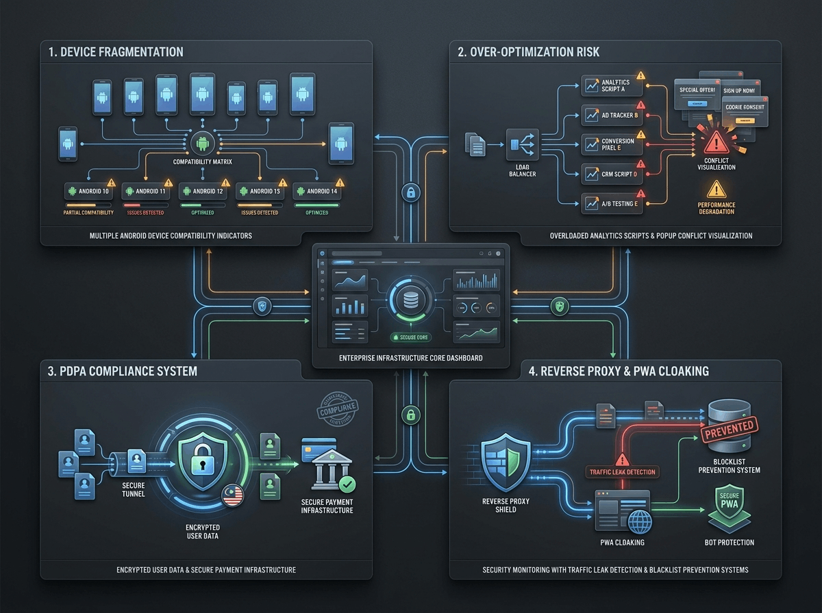 RN Tech’s core enterprise infrastructure dashboard layout for mitigating mobile commerce operational risks. The diagram integrates (1) a compatibility matrix addressing Android device fragmentation in Malaysia, (2) script load management to prevent performance degradation, (3) user data encryption compliant with local PDPA regulations, and (4) a unified Reverse Proxy and PWA Cloaking architecture providing robust traffic leak detection and ad network blocklist prevention.