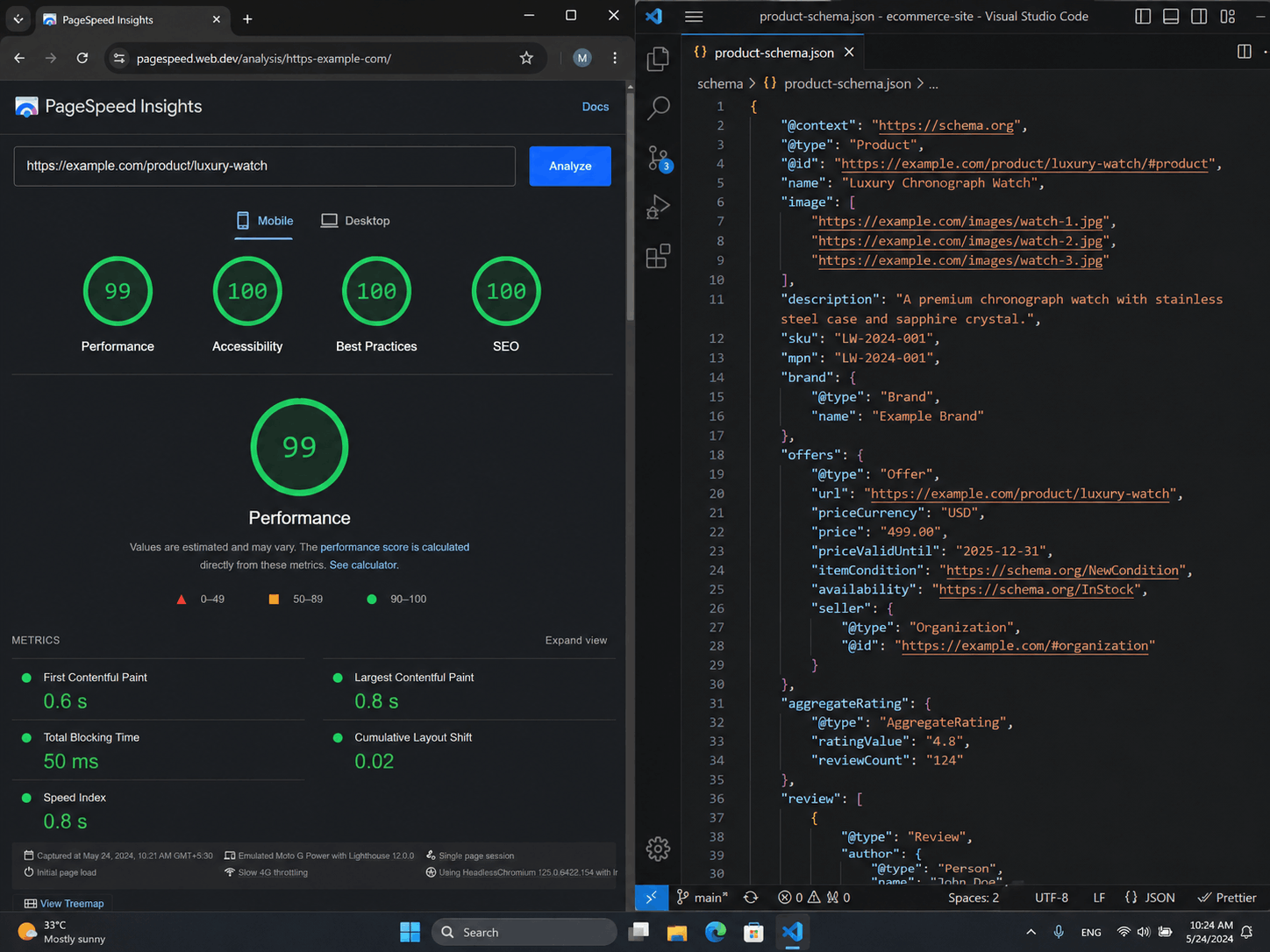 A realistic split-screen developer dashboard demonstrating technical authority: an elite PageSpeed Insights mobile performance score showcasing a 0.8-second Largest Contentful Paint (left) paired with structurally flawless, clean JSON-LD Product Schema Markup (right) to eliminate technical debt and bloatware.