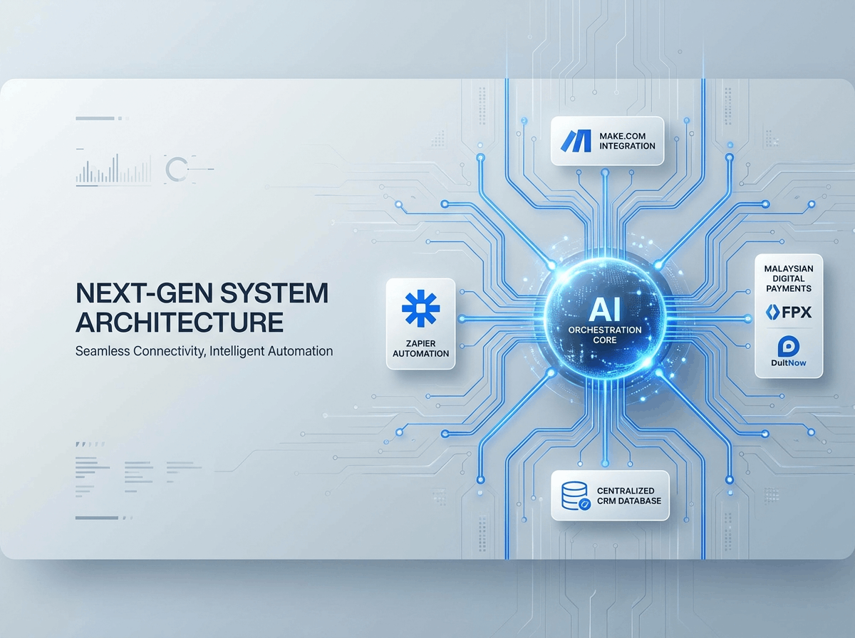 RN Tech’s AI ecosystem integration architecture, seamlessly connecting the intelligent core with global automation tools, enterprise CRMs, and local Malaysian payment infrastructures.