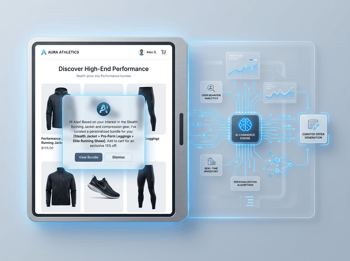  Illustration of RN Tech’s AI commerce engine analyzing user behavior in real-time to deliver personalized product bundle recommendations that drive sales conversions.