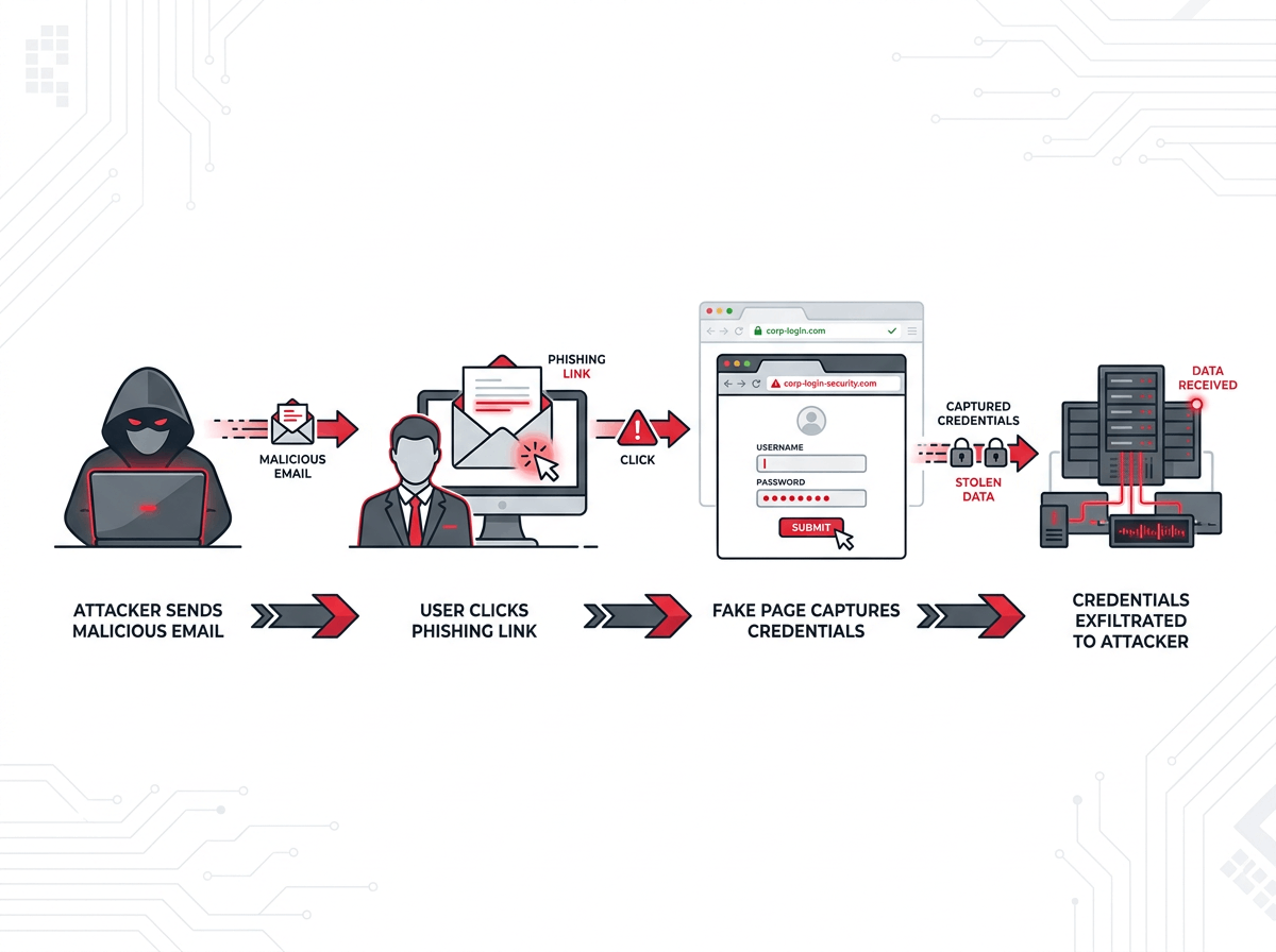 The diagram above maps the traditional phishing attack vector, which modern artificial intelligence has significantly accelerated. In today's threat landscape, AI automates the initial email delivery with flawless, hyper-personalized messaging that easily deceives targets. Furthermore, the fake capture pages and data exfiltration processes are engineered dynamically, allowing stolen credentials to bypass static security perimeters instantly.