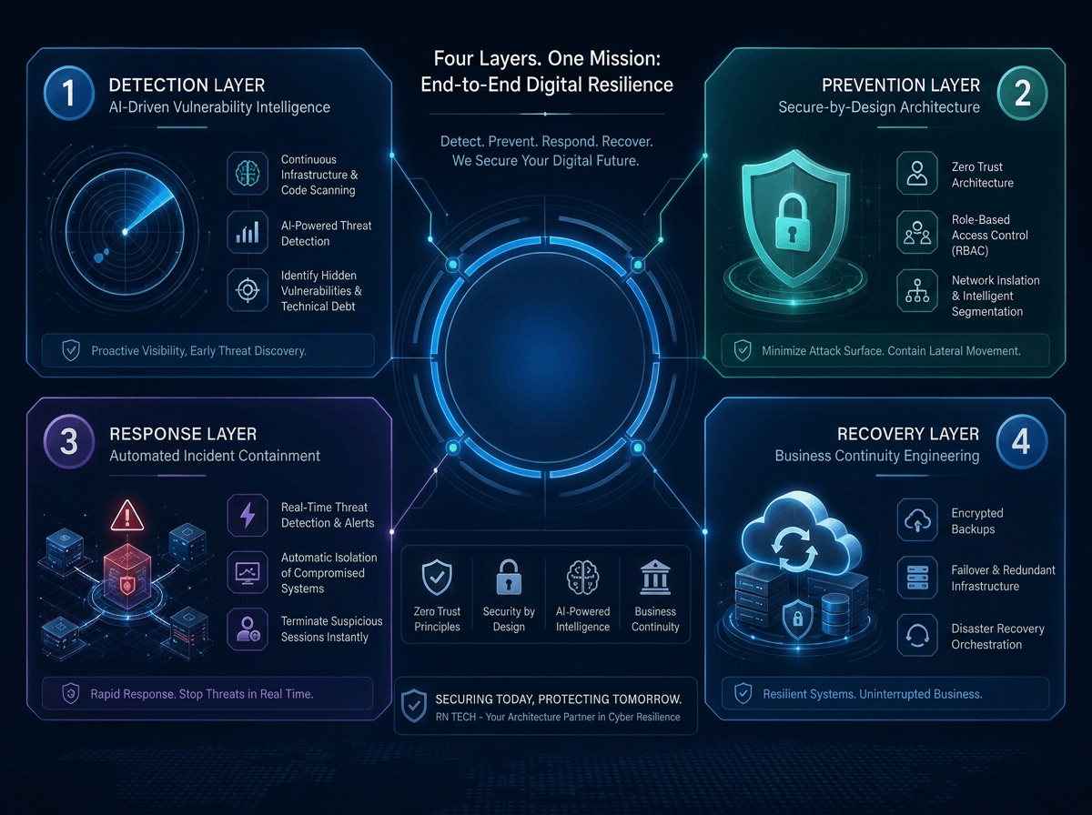 Figure illustrates the RN Tech Cyber Defense Framework, a four-layer security architecture designed to ensure continuous enterprise resilience. The system integrates Detection, Prevention, Response, and Recovery layers into a unified orchestration model that enables real-time threat visibility, access control enforcement, automated incident mitigation, and secure disaster recovery.