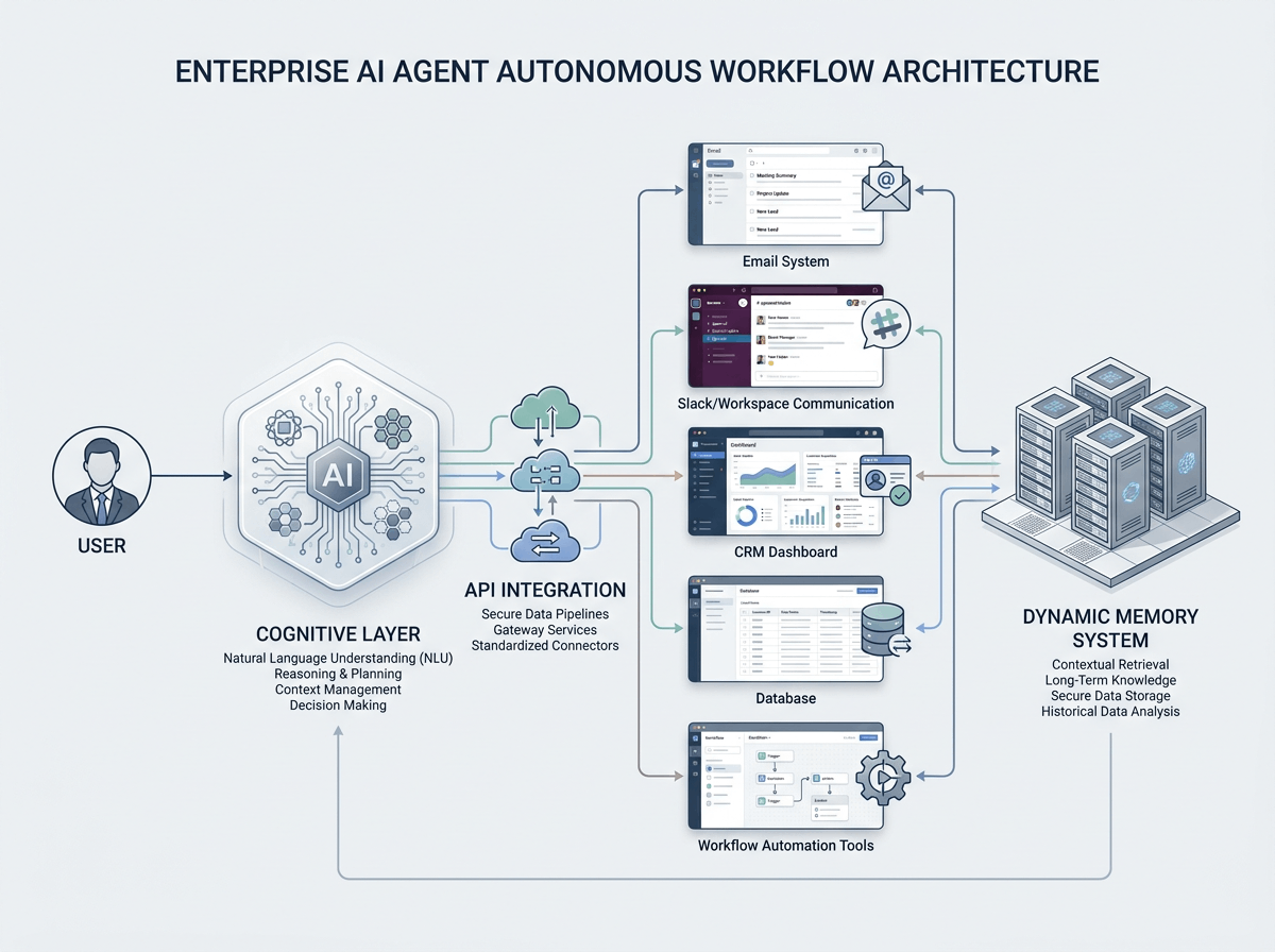 AI Agent architecture connecting reasoning, APIs, enterprise applications, and persistent memory into a unified autonomous workflow.