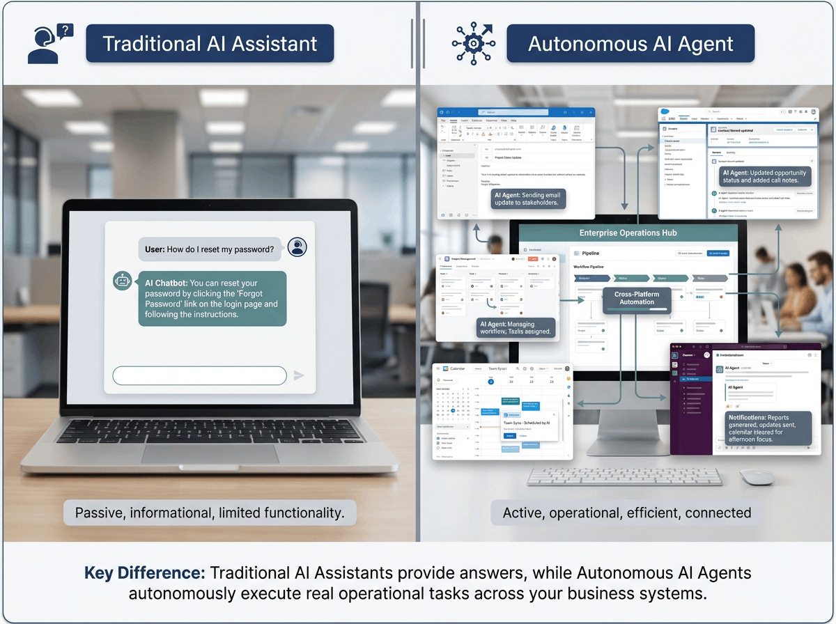 Traditional AI responds to prompts, while AI Agents autonomously execute tasks across connected systems.
