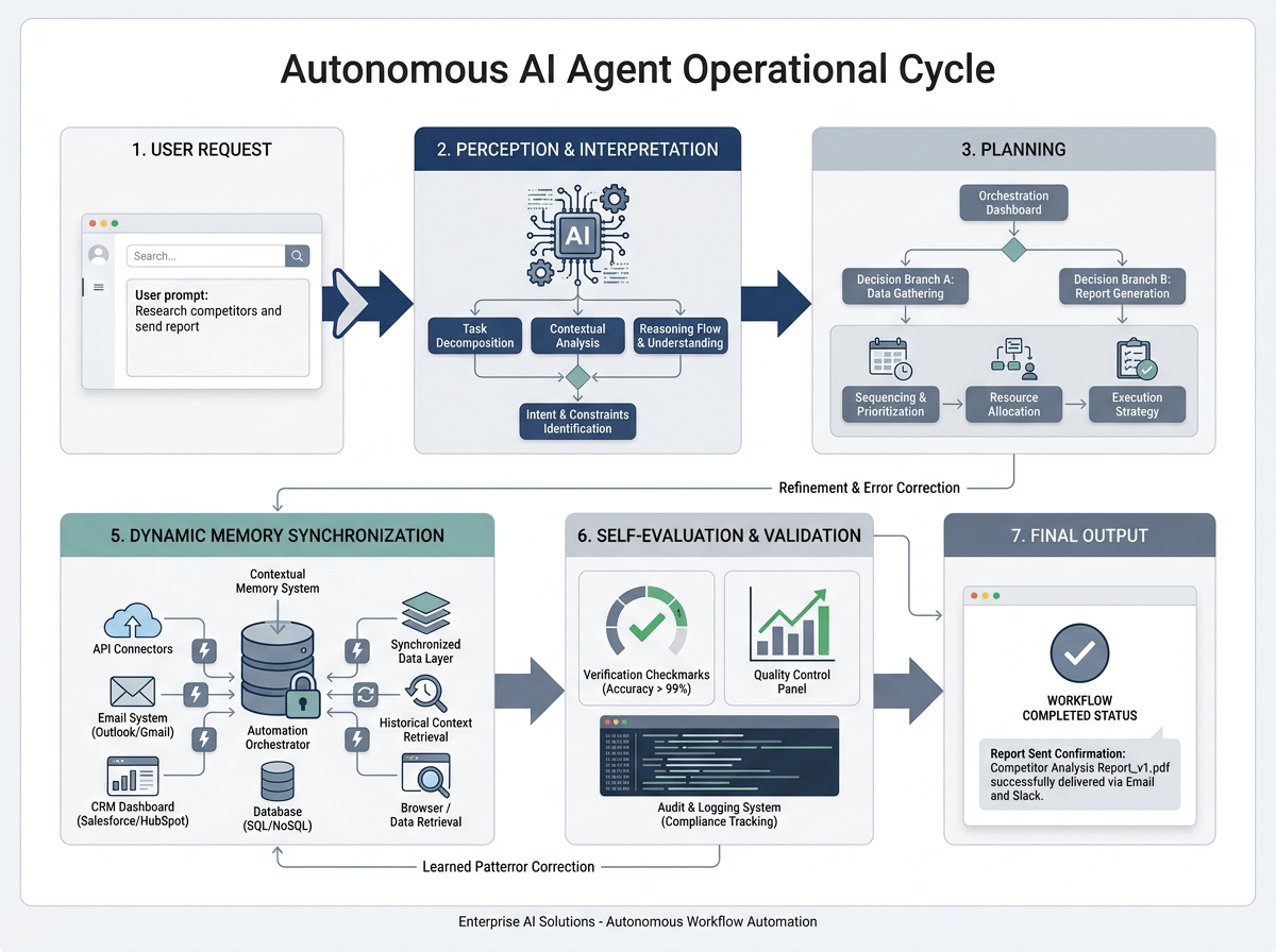 AI Agents operate through a continuous cycle of reasoning, execution, memory synchronization, and self-evaluation.