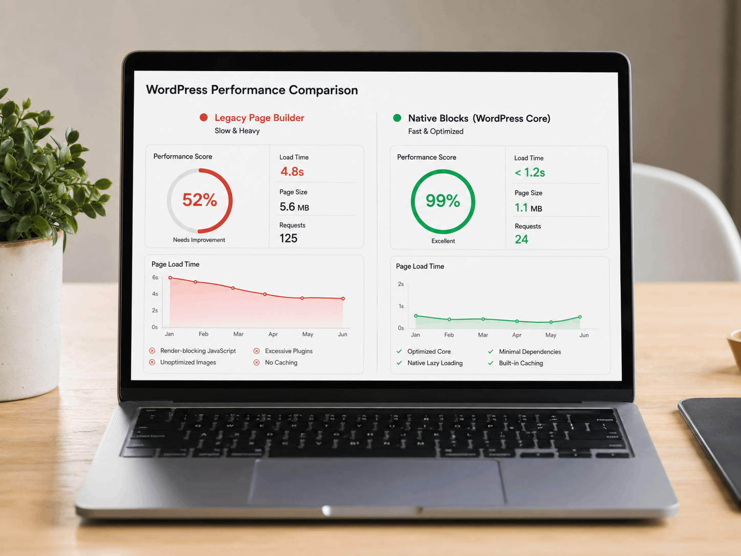 A technical performance comparison showing a 52% score on websites weighed down by legacy page builders versus a 99% score achieved through native blocks and WordPress Optimization by RN Tech.