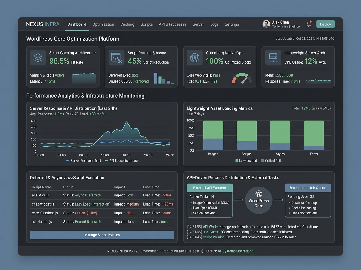 RN Tech implements a lean performance architecture by eliminating unnecessary script overhead, optimizing native WordPress rendering, and distributing heavy operational processes through external API systems.