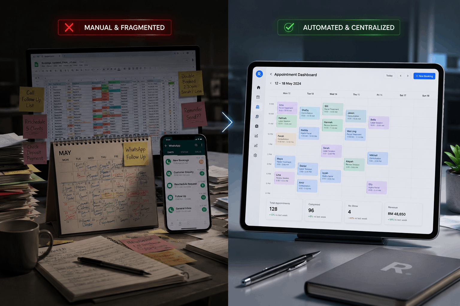Moving from chaotic manual scheduling, scattered sheets, and missed follow-ups (left) to a high-performance, centralized CRM and Appointment Management System (right) engineered by RN Tech.