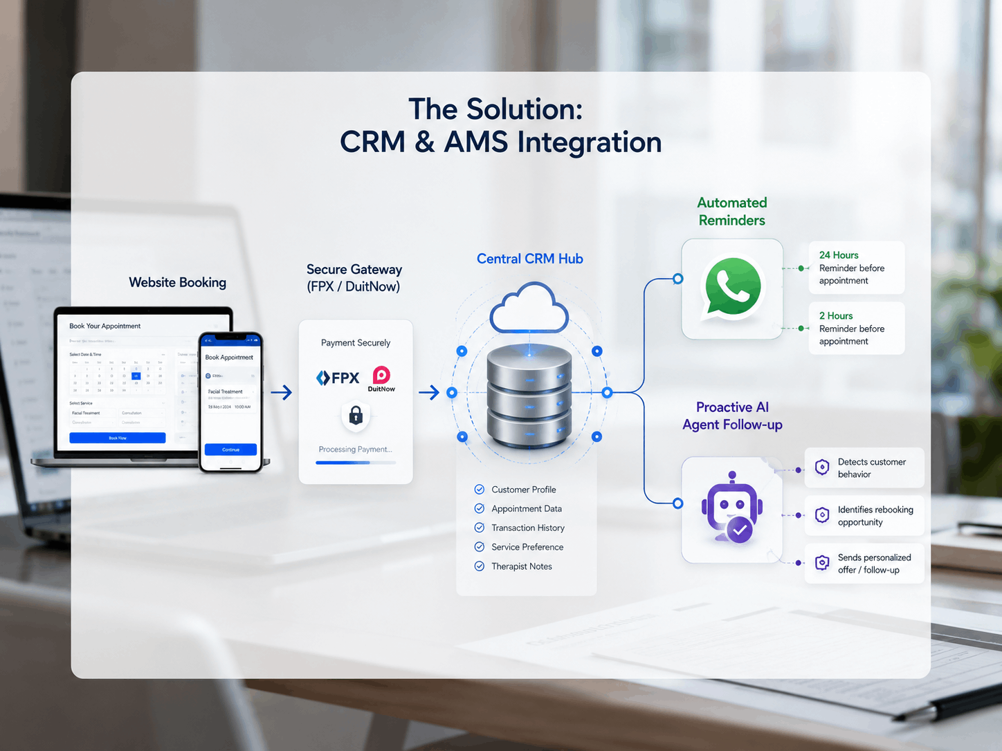 Architectural Framework of RN Tech’s Integrated CRM & AMS. The diagram maps the automated end-to-end customer journey: initiating from Website Booking, moving through a Secure Gateway leveraging local Malaysian payment rails (FPX/DuitNow), and instantly synchronizing data into a Central CRM Hub. From there, the system splits into two automated operational tracks: structured WhatsApp Automated Reminders (24-hour and 2-hour alerts) and a Proactive AI Agent Follow-up engineered to detect behavioral patterns and drive customer retention.