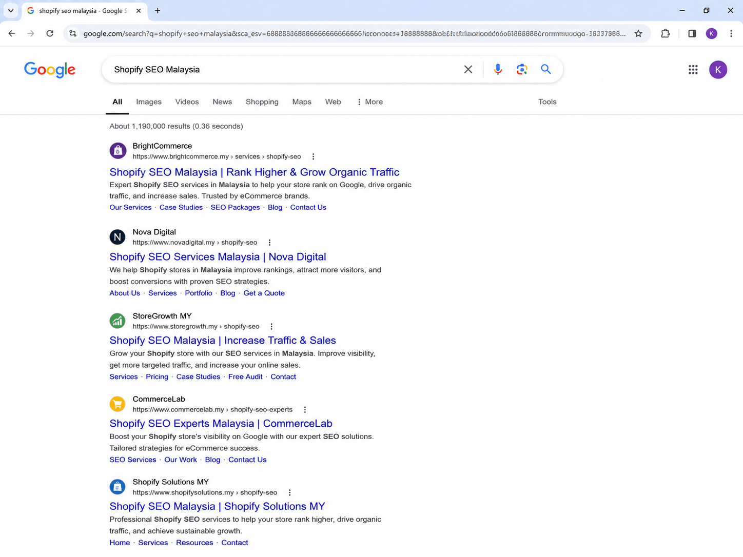 Example of an SEO-optimised Shopify website appearing in Google Search.
The example above illustrates how an SEO-optimised Shopify website can rank for relevant keywords in Google Search. By implementing technical SEO, keyword optimisation, and high-quality content, businesses can improve their online visibility, attract more qualified organic traffic, and reduce their reliance on paid advertising over time. 
