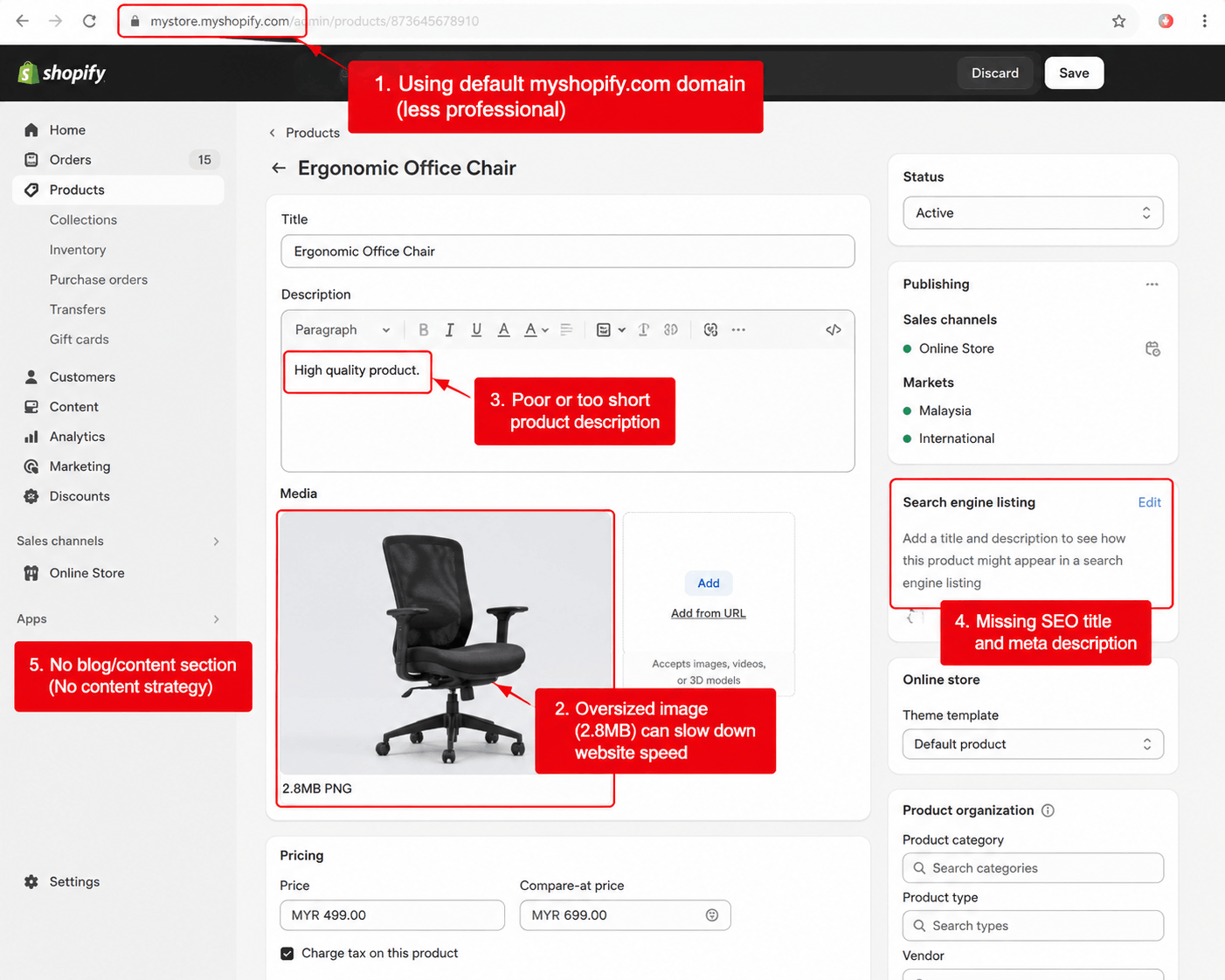 Common Shopify mistakes that can negatively affect website performance, search visibility, and customer experience. The example above highlights several issues frequently found on newly launched Shopify stores, including the use of a default subdomain, oversized images, weak product descriptions, missing SEO elements, and the absence of a content strategy.